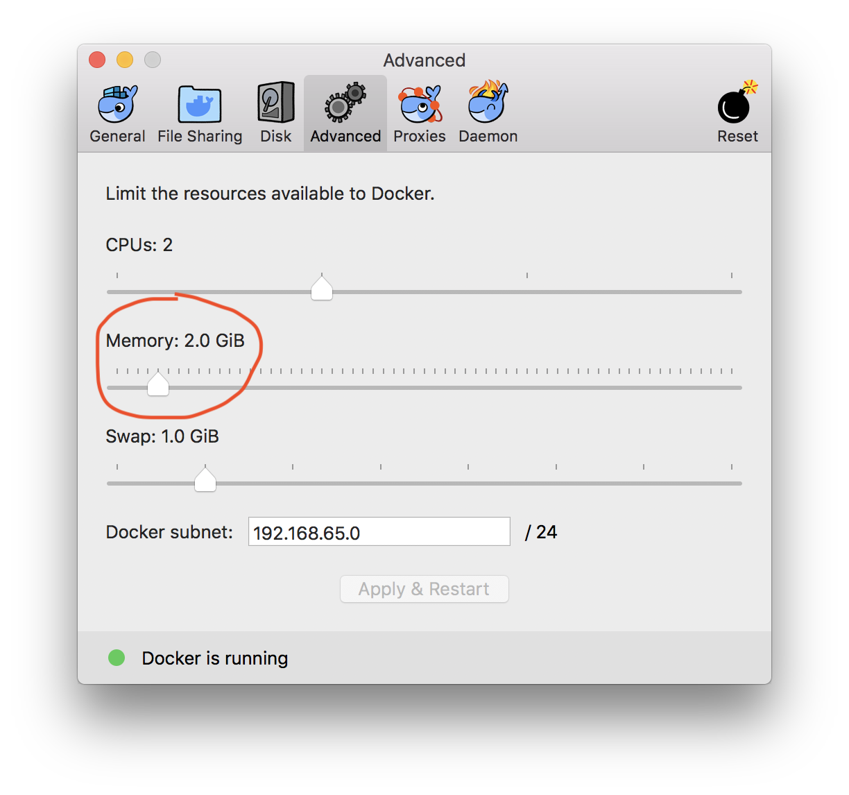 How to increase the size of the base docker for mac